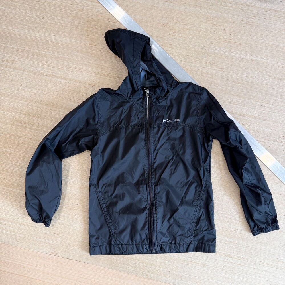 Columbia Boys Black Hooded Windbreaker Jacket Size M 10/12 Lightweight